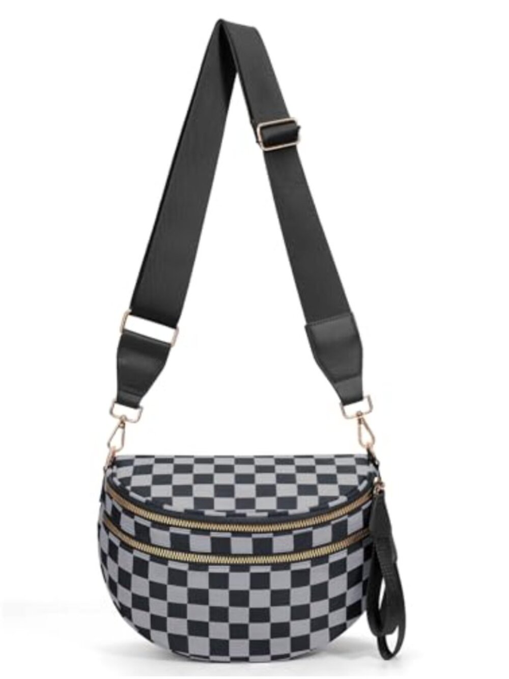 Nylon Checkered Crossbody Bag with Matching Pouch, Adjustable Strap, Sling